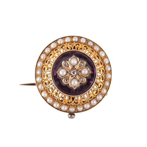 Broche Broche fleur en or jaune avec améthyste, perles et diamants 58 Facettes 1
