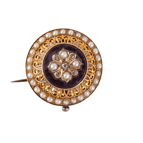 Broche Broche fleur en or jaune avec améthyste, perles et diamants 58 Facettes 1