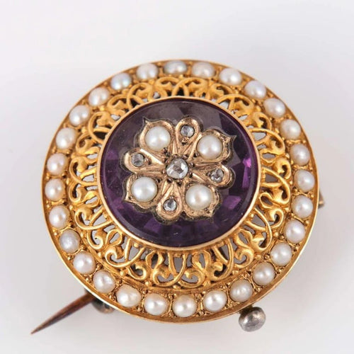 Broche Broche fleur en or jaune avec améthyste, perles et diamants 58 Facettes 1