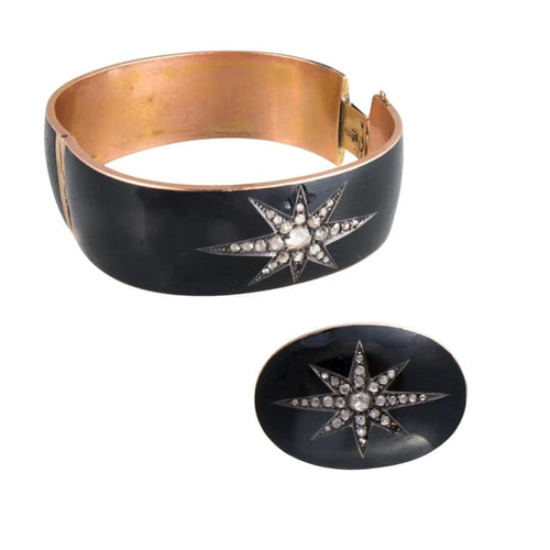 Bracelet Manchette et broche de deuil en or rose 14 ct, émail noir et diamants 58 Facettes 1