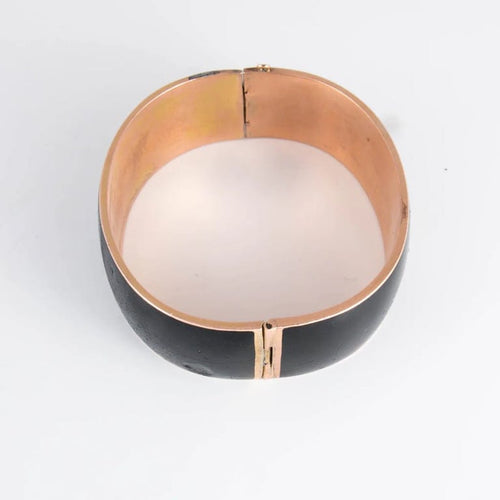Bracelet Manchette et broche de deuil en or rose 14 ct, émail noir et diamants 58 Facettes 1
