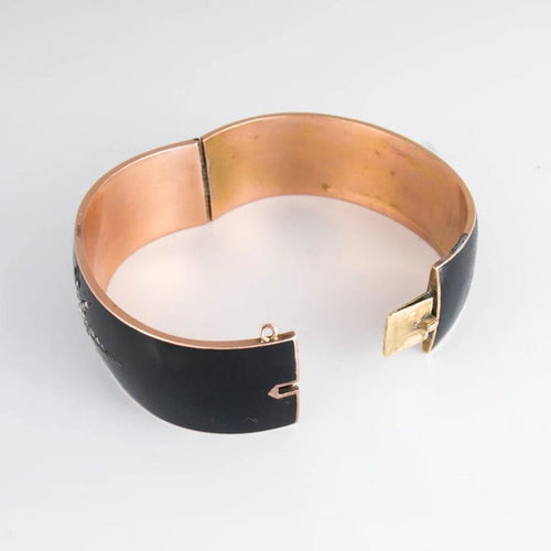 Bracelet Manchette et broche de deuil en or rose 14 ct, émail noir et diamants 58 Facettes 1