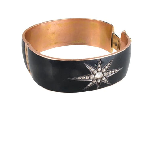 Bracelet Manchette et broche de deuil en or rose 14 ct, émail noir et diamants 58 Facettes 1
