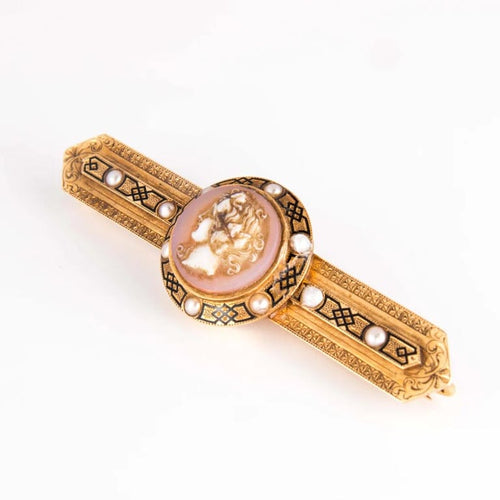 Broche Broche camée en or jaune 18 ct, perles et émail 58 Facettes 1