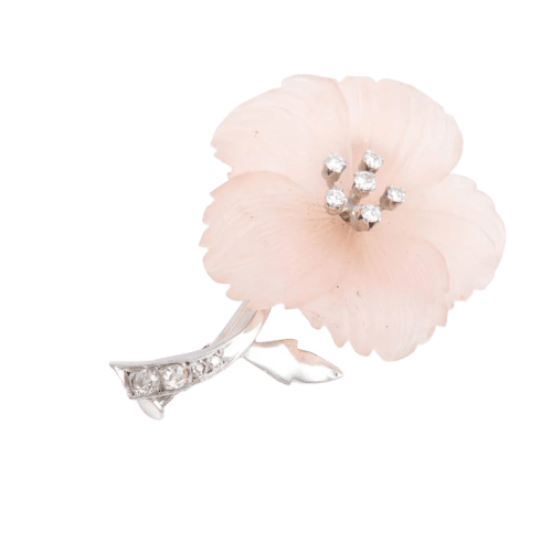 Broche Broche hibiscus en or blanc 14K, quartz rose et diamants 58 Facettes 220330