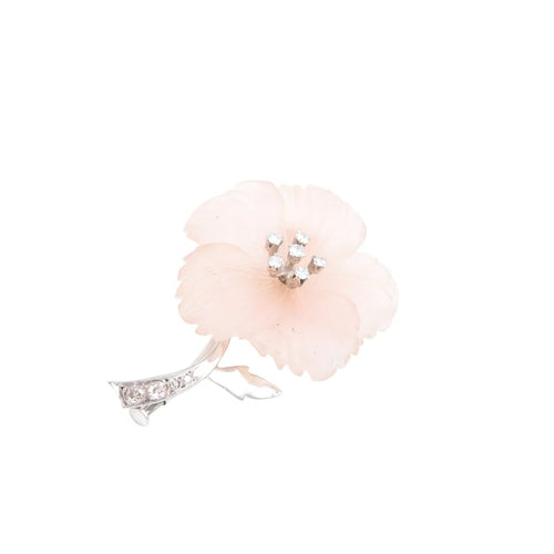 Broche Broche hibiscus en or blanc 14K, quartz rose et diamants 58 Facettes 220330