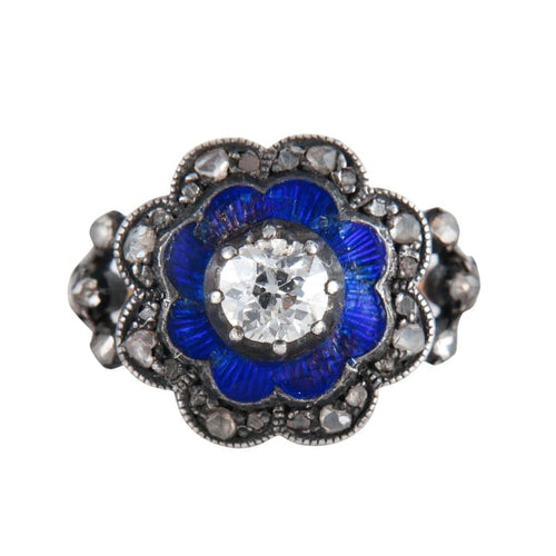 Bague 55 Bague en or rose 750 et argent émaillé bleu avec diamants 58 Facettes 220424