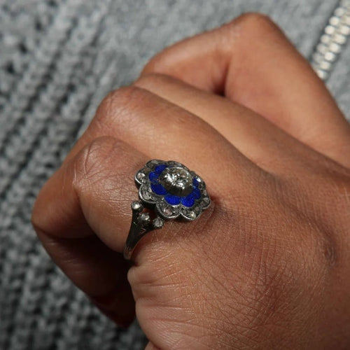 Bague 55 Bague en or rose 750 et argent émaillé bleu avec diamants 58 Facettes 220424
