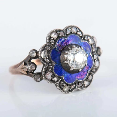 Bague 55 Bague en or rose 750 et argent émaillé bleu avec diamants 58 Facettes 220424
