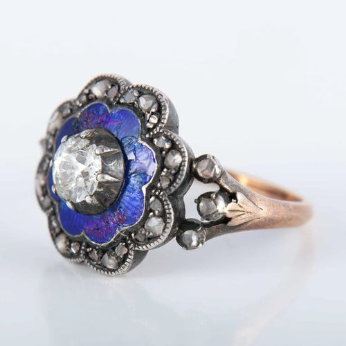 Bague 55 Bague en or rose 750 et argent émaillé bleu avec diamants 58 Facettes 220424