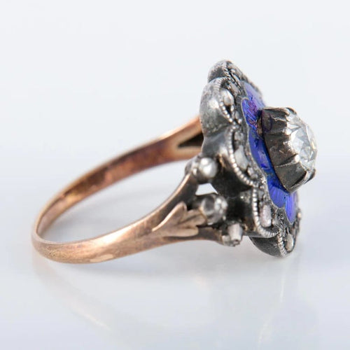 Bague 55 Bague en or rose 750 et argent émaillé bleu avec diamants 58 Facettes 220424
