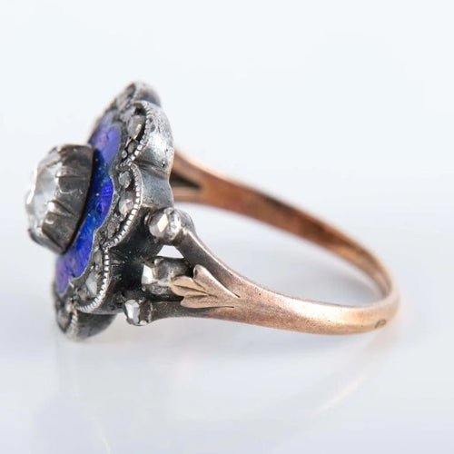 Bague 55 Bague en or rose 750 et argent émaillé bleu avec diamants 58 Facettes 220424