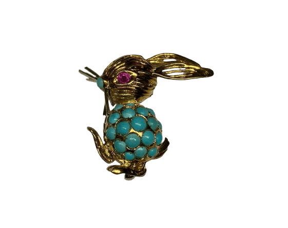 Broche Broche lapin en or jaune 18K avec turquoises et rubis 58 Facettes