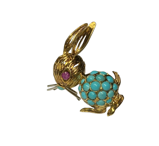 Broche Broche lapin en or jaune 18K avec turquoises et rubis 58 Facettes
