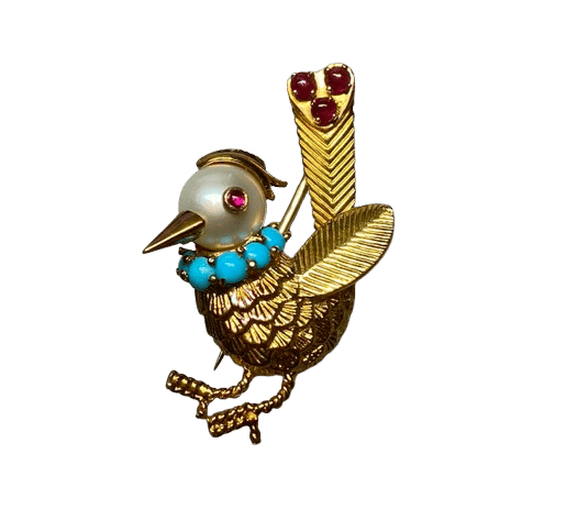 Broche Broche oiseau en or jaune 18K, perle, turquoises et rubis 58 Facettes 240470