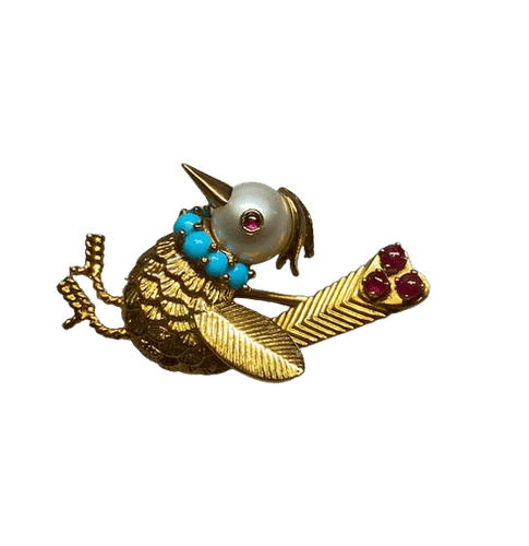 Broche Broche oiseau en or jaune 18K, perle, turquoises et rubis 58 Facettes 240470