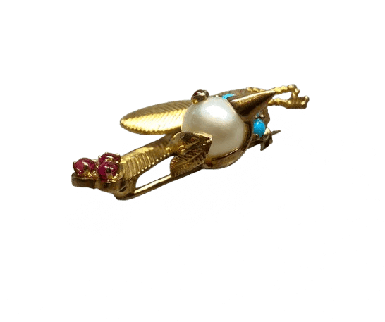 Broche Broche oiseau en or jaune 18K, perle, turquoises et rubis 58 Facettes 240470