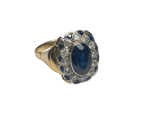Bague 50 Bague en or jaune 18K, saphirs et diamants (T. 50) 58 Facettes