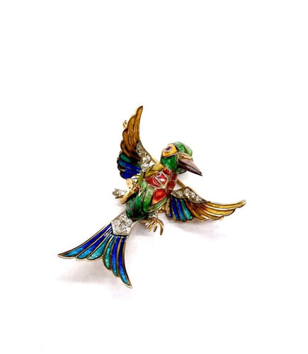 Broche Broche oiseau en or jaune 18K et platine, diamants, rubis, émail 58 Facettes 250002