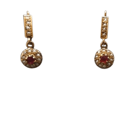 Boucles d'oreilles Boucles d’oreilles dormeuses en or jaune 18 carats, perles et pierre rouge 58 Facettes 1043291