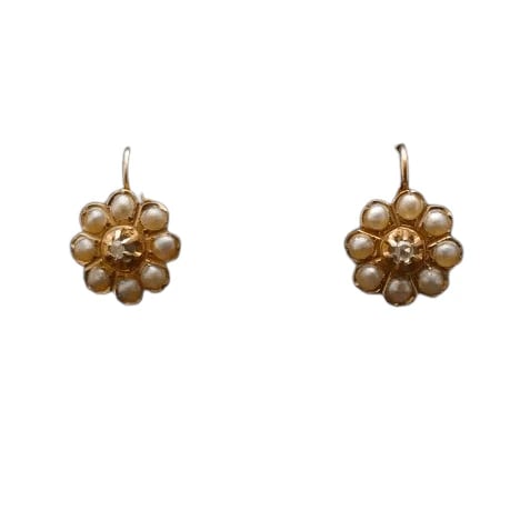 Boucles d'oreilles Boucles d'oreilles dormeuses anciennes en or jaune 18 carats, diamants et perles 58 Facettes 1043275