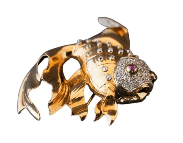 Broche Broche poisson rubis et diamants en platine et or jaune 18 carats 58 Facettes 1026794