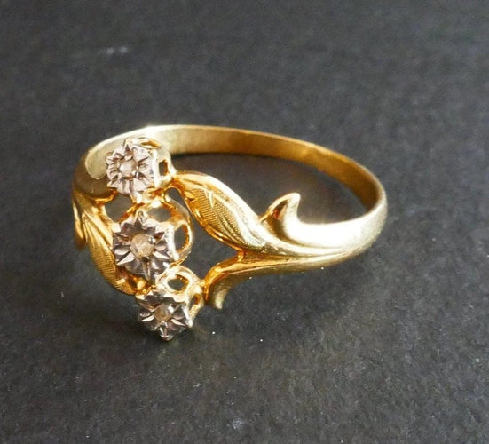 Bague 56 Art Nouveau - Bague en or jaune et blanc 18 carats, diamants 58 Facettes