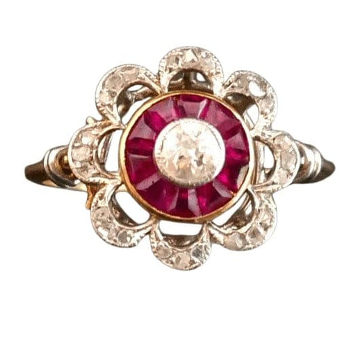 Bague 52.5 Bague Art déco en or 18 carats avec diamant et rubis calibrés 58 Facettes