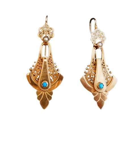 Boucles d'oreilles Boucles d’oreilles Napoléon III - Pendants en or rose 18 carats, perles et turquoises 58 Facettes