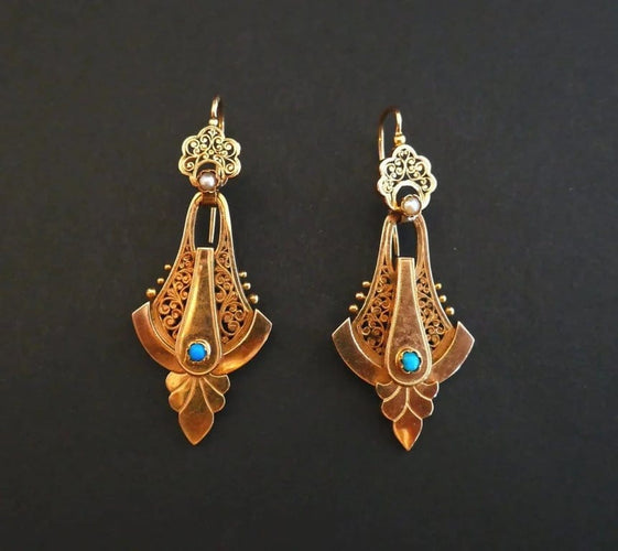 Boucles d'oreilles Boucles d’oreilles Napoléon III - Pendants en or rose 18 carats, perles et turquoises 58 Facettes