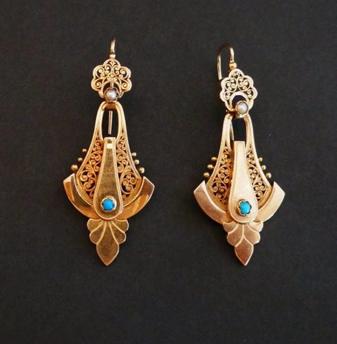 Boucles d'oreilles Boucles d’oreilles Napoléon III - Pendants en or rose 18 carats, perles et turquoises 58 Facettes