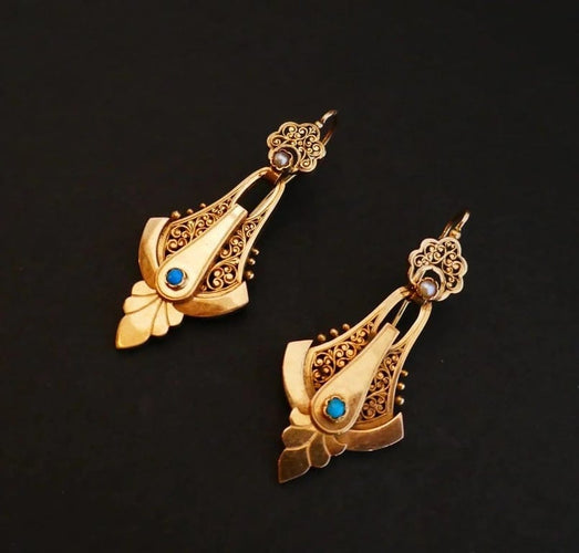 Boucles d'oreilles Boucles d’oreilles Napoléon III - Pendants en or rose 18 carats, perles et turquoises 58 Facettes