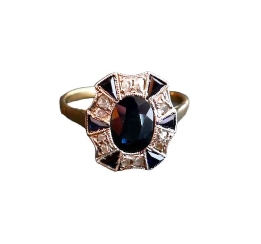 Bague 52 Bague Art déco saphir et diamants en or jaune et or blanc 18 carats 58 Facettes