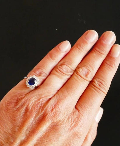 Bague 49.5 Bague marguerite saphir naturel et diamants en or blanc 18 carats 58 Facettes C22-02
