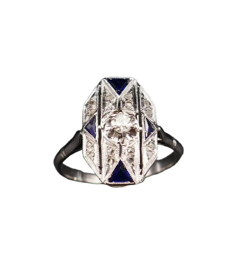 Bague 55.5 Bague Art déco en or blanc 18 carats, diamants et saphirs 58 Facettes B70-04