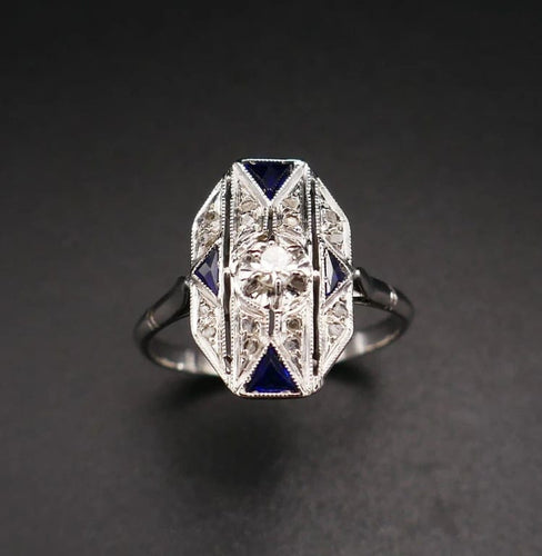 Bague 55.5 Bague Art déco en or blanc 18 carats, diamants et saphirs 58 Facettes B70-04