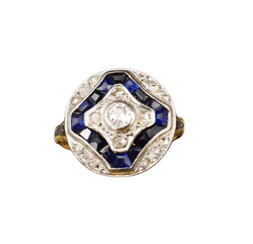 Bague 53 Bague Art déco en or jaune et blanc, diamants et saphirs Verneuil 58 Facettes C54-02