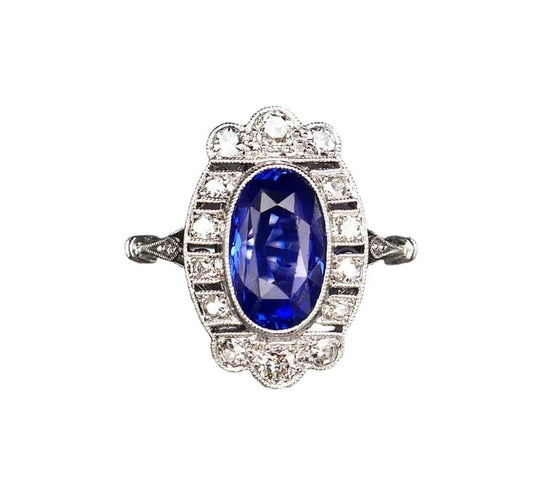 Bague 55 Bague Art déco en or blanc 18 carats, saphir naturel et diamants 58 Facettes B59-04