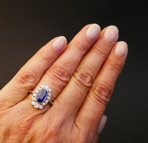 Bague 55 Bague Art déco en or blanc 18 carats, saphir naturel et diamants 58 Facettes B59-04