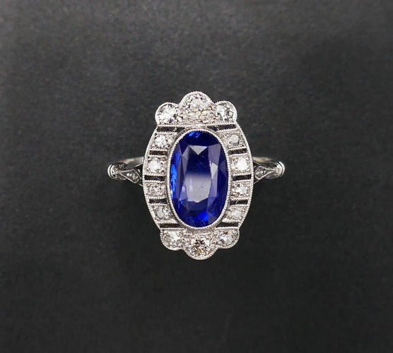 Bague 55 Bague Art déco en or blanc 18 carats, saphir naturel et diamants 58 Facettes B59-04