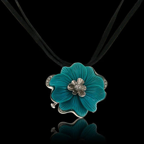 Pendentif Broche-pendentif en or blanc 18 carats, turquoise « Rose » et diamants 58 Facettes HG-200173