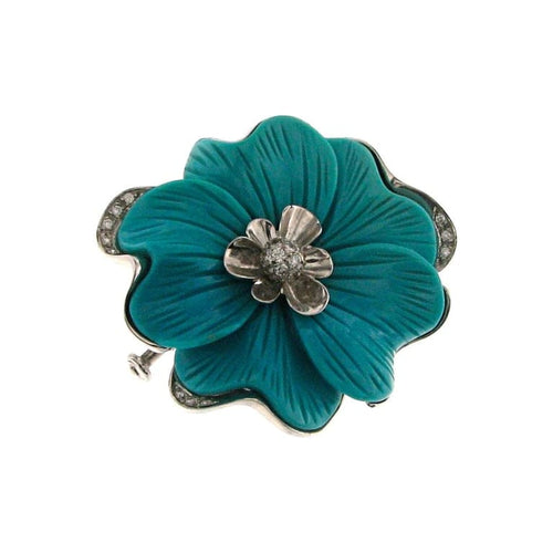 Pendentif Broche-pendentif en or blanc 18 carats, turquoise « Rose » et diamants 58 Facettes HG-200173