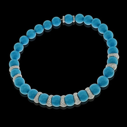 Collier Collier en or blanc 18 carats avec turquoise d’Iran et diamants 58 Facettes IG-200252