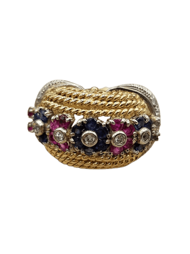 Bague 49.5 Bague torche vintage en or blanc et jaune 18 ct avec saphirs, rubis et diamants 58 Facettes