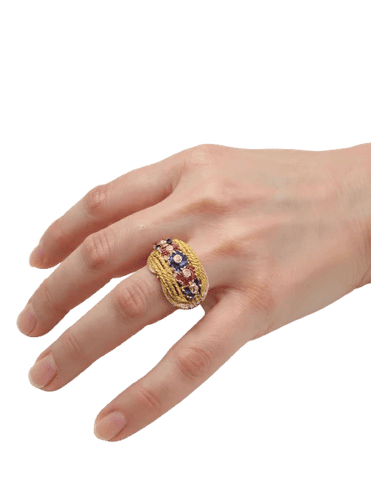 Bague 49.5 Bague torche vintage en or blanc et jaune 18 ct avec saphirs, rubis et diamants 58 Facettes