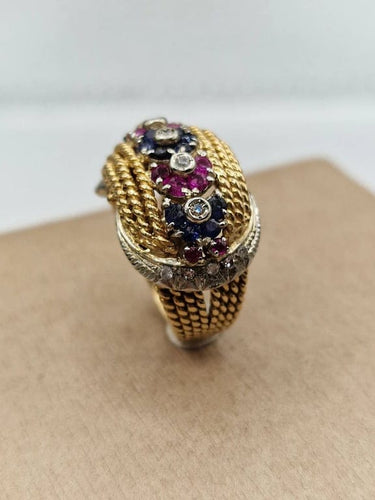 Bague 49.5 Bague torche vintage en or blanc et jaune 18 ct avec saphirs, rubis et diamants 58 Facettes