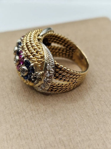 Bague 49.5 Bague torche vintage en or blanc et jaune 18 ct avec saphirs, rubis et diamants 58 Facettes