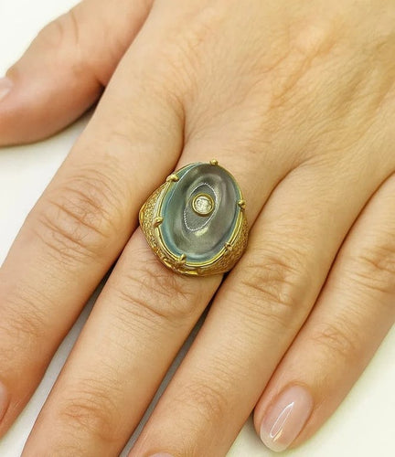 Bague 47.5 Bague style Trombino années 1980 en or jaune, aigue-marine et diamants 58 Facettes