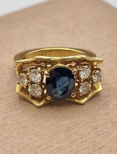 Bague 52 Bague vintage années 1960 en or jaune 18 carats, saphir et diamants 58 Facettes