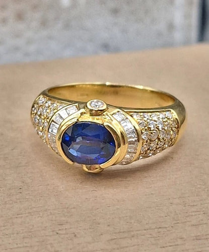 Bague 59 Bague vintage style trombino en or jaune 18 carats, saphir et diamants 58 Facettes